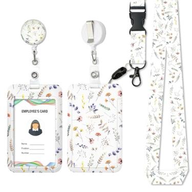 Imagem de RAORAOYUE Suporte de crachá de identificação de flores silvestres, cordão e clipe retrátil para carretel de crachá, crachás de identificação, crachás, cartões verticais, professores, enfermeiras
