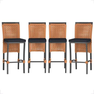 Imagem de 4 Banqueta Em Alumínio Roma Preta Corda Náutica Tecido 12 Terra Cota