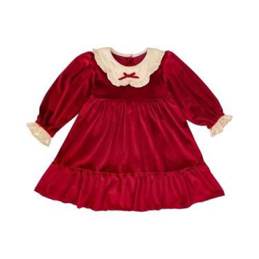 Imagem de Vestido De Natal Para Meninas Em Veludo Vermelho Com Laço, Roupas De P