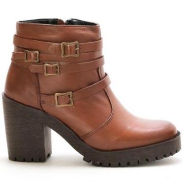 Imagem de Bota Coturno Couro Feminino Zíper Tiras com Fivela Estilo Fashion Robusto Salto Tratorado-Feminino