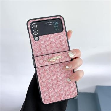 Imagem de Vintage tecer padrão dobradiça dobrável caso de telefone para samsung galaxy z flip 3 4 5 anel de metal silicone capa traseira, rosa, para samsung z flip 5