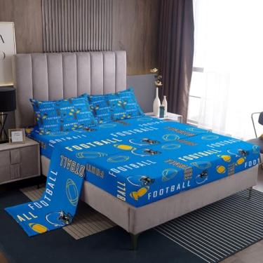 Imagem de jejeloiu Jogo de lençol casal de futebol americano Los Angeles, amarelo e azul, para decoração de quarto de meninos e meninas e adolescentes, lençol com elástico alto de 40 cm, macio, feminino e