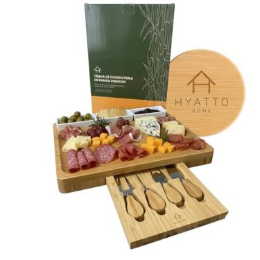 Imagem de Tábua de Frios e Queijos com 3 Tigelas de Cerâmica e Kit 4 Facas – Tábua de Charcutaria em Bambu – Tabua de Frios Madeira Premium – Ideal Para Presente, Tabua de Frios Petisqueira | HYATTO HOME