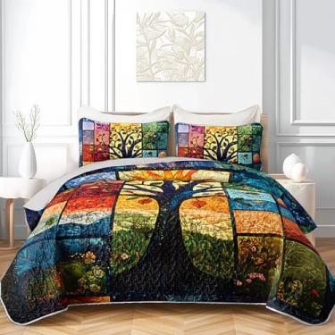 Imagem de AILONEN Conjunto solteiro de pena árvore da vida, colcha boho, sol e lua, colcha de microfibra macia, 2 fronhas, 3 peças de cama com estampa botânica natural colorida