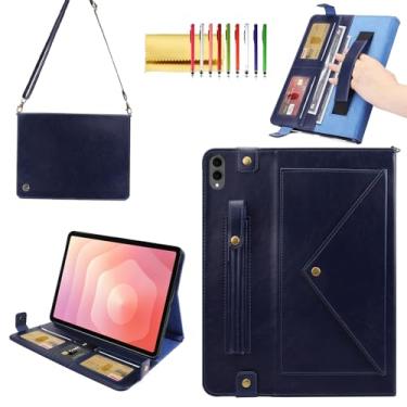 Imagem de Capa de mão para Samsung Galaxy Tab S11 Ultra, Techcircle Folio Stand PU Couro Envelope Bolso Capa Carteira com Suporte para Caneta S e compartimentos para cartões, alça de mão e alça de ombro, azul