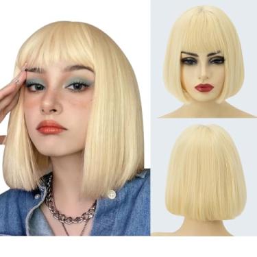 Imagem de Peruca curta reta bob com franja 20 cm moda sintética colorida cosplay festa diária peruca para mulheres praia loira