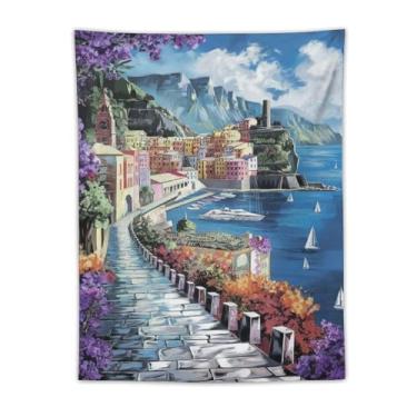 Imagem de Tapeçaria colorida de cidade mediterrânea litoral porto glicínia flores caminho de paralelepípedos aldeia penhasco decoração de parede cênica para sala de estar quarto casa estilo costeiro 76 x 101