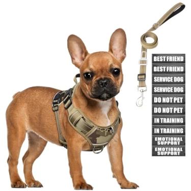 Imagem de MOOGROU Conjunto tático de coleira e coleira para cães pequenos, colete resistente para cães de serviço sem puxão e 10 adesivos com cinto de segurança para cães, peitoral refletivo ajustável para