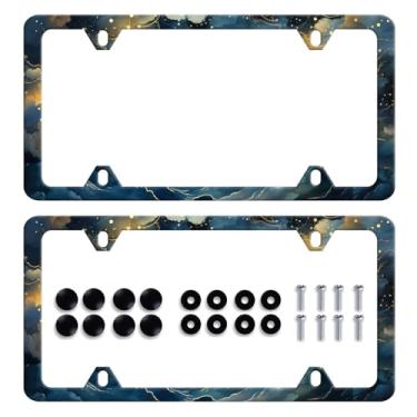 Imagem de Pacote com 2 lindos porta-matrículas de céu estrelado noturno, galáxia, estrelas, nebulosa, personalizado, para etiquetas dianteiras ou traseiras de carro, decoração de carro de aço inoxidável com