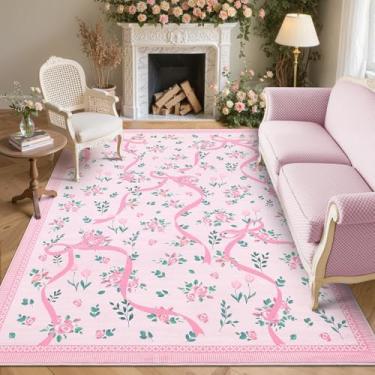 Imagem de GarveeHome Tapetes Coquette rosa para quarto de meninas, tapetes de área de 12 x 18 cm para sala de estar com pelo baixo macio, tapete lavável com laço floral antiderrapante, 12 x 18 cm, para berçário