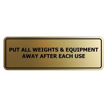 Imagem de Signs ByLITA Padrão Coloque Todos os Pesos e Equipamentos Afastados Após Cada Uso Sinal de Porta ou Parede Material Durável | Fácil Instalação (Ouro Escovado) - Grande (pacote com 2)