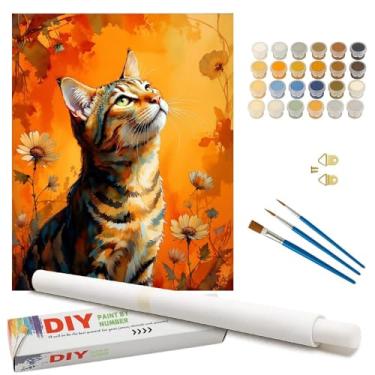 Imagem de Kit de pintura de gato malhado por números para adultos - DIY gato malhado laranja com pintura de flores em tela enrolada 40 x 50 cm, conjunto de tinta acrílica, adequado para iniciantes, arte para
