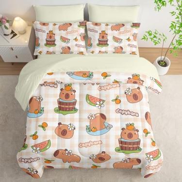 Imagem de AILONEN Jogo de cama casal com estampa de capivara, 7 peças, animal kawaii, para meninos e meninas, xadrez xadrez laranja claro e lençol com elástico com lençol de cima, 2 fronhas, 2 fronhas
