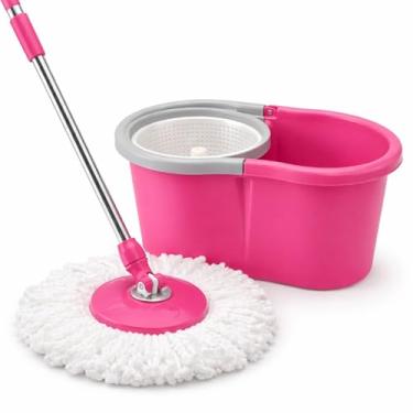 Imagem de Mop Giratório 360° com Balde 8L – Sistema Centrífugo, Cabeça Rotativa, Refis Microfibra, Espremer Sem Mãos, Ideal para Pisos Frios, Porcelanato, Madeira e Laminados (Rosa)