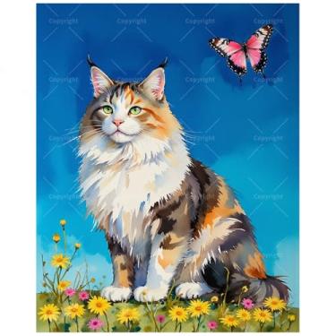 Imagem de DecorFriday Kit de pintura animal por números para adultos - DIY Maine Coon Cat com pintura de borboleta em tela 40,6 x 50 cm, conjunto de tinta acrílica, adequado para iniciantes, arte para amantes