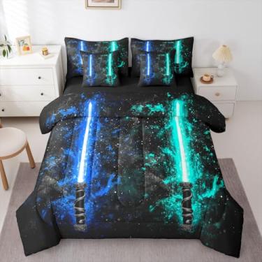 Imagem de Erosebridal Jogo de cama solteiro, com estampa de sabre de luz, azul neon, azul-petróleo, para crianças, adolescentes, adultos, galáxia, céu estrelado, jogos modernos, espada leve, conjunto de lençol