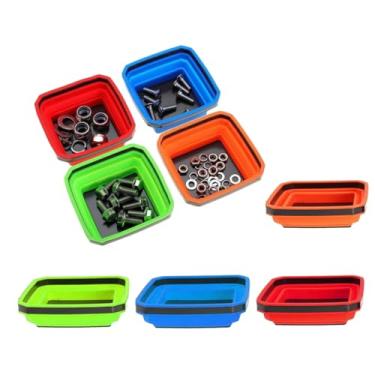 Imagem de Conjunto de 8 peças de bandejas magnéticas dobráveis de silicone quadradas de 11,4 cm com base magnética para parafusos, porcas, arruelas, pinos, peças de parafuso (vermelho, laranja, azul, verde)