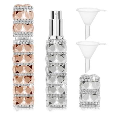 Imagem de TTOYOUU Atomizador de perfume de viagem recarregável, mini frascos de perfume de strass de 12 ml, vazio, recarregável, pulverizador atomizador de viagem com funil, 2 peças, champanhe + prata, 0.4