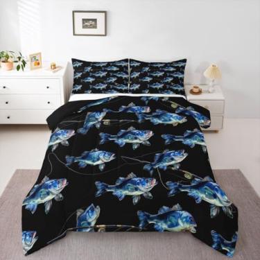 Imagem de Erosebridal Jogo de cama solteiro Bass Pike com tema de pesca no oceano, para crianças, adultos, pescador, animal marinho, edredom e edredom