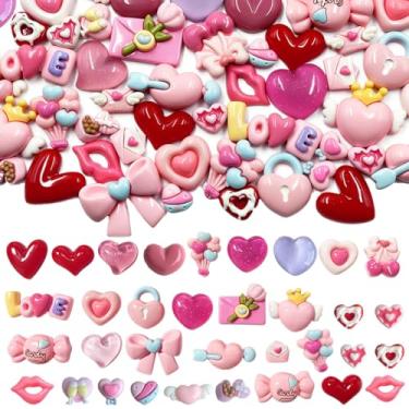 Imagem de LOPURO Amuleto de resina de Dia dos Namorados, 60 peças de berloques de cabochão de coração rosa amor flatback acessórios enfeites fofos enfeites de laço de rosas kawaii em massa para joias, capa de