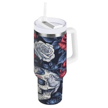 Imagem de SEHANY Copo de caveira e rosas de 1,18 l com alça, copo isolado de aço inoxidável a vácuo de parede dupla, à prova de vazamento, caneca de café isolada para viagem cabe no suporte de copo de carro