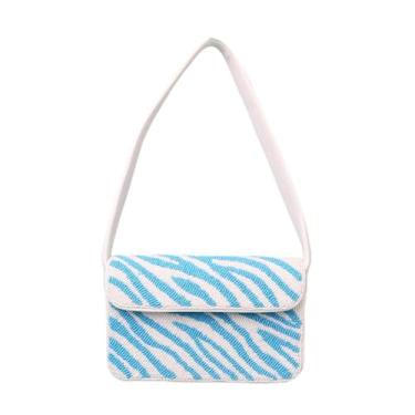 Imagem de Indian Shelf Bolsas de contas feitas à mão premium para mulheres, meninas - Bolsa feminina para noite padrão de zebra azul e branca (com caixa)