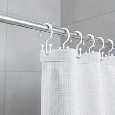 Imagem de 12 anéis de ganchos de cortina de chuveiro, anéis de metal resistente à ferrugem, ganchos de chuveiro deslizantes duplos para cortinas de varões de chuveiro de banheiro