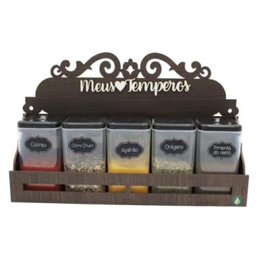 Imagem de Porta Temperos com 5 Potes em MDF Pintado para Mesa ou Parede, Organizador de Condimentos e Mantimentos