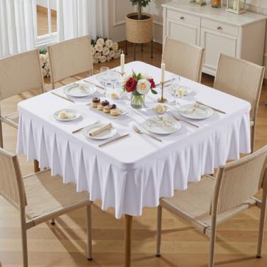 Imagem de Wish Care Toalhas de mesa brancas de elastano para mesas quadradas de 137 x 137 polegadas, roupas de mesa elásticas com saia plissada com babados para mesa de 137 cm, sem rugas e elásticas, para festa