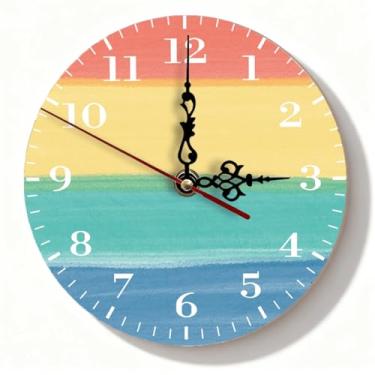 Imagem de Relógio de parede de madeira arco-íris em aquarela Boho - Decoração silenciosa sem tique-taque para quarto vibrante sala de estar - Detalhe de casa de fazenda - 19 cm