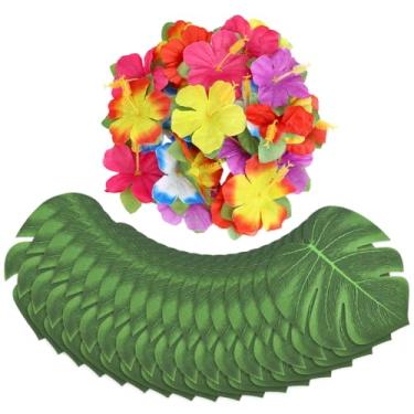 Imagem de WADORN Conjunto de 60 peças de folhas de palmeira artificiais tropicais, plantas de hibisco, suprimentos de decoração de festa tropical com 100 peças de adesivo dupla face para safári selva havaiana