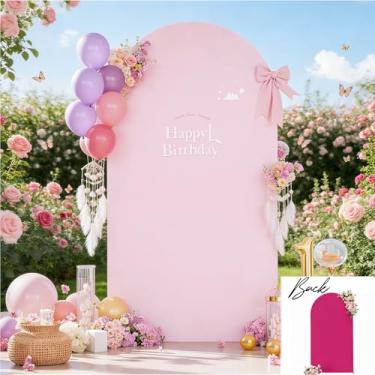 Imagem de Capa de fundo de arco rosa 2,5 m balão de festa de aniversário rosa bebê capas de arco elástico capas de arco de casamento elastano banquete formatura chá de bebê foto fundos