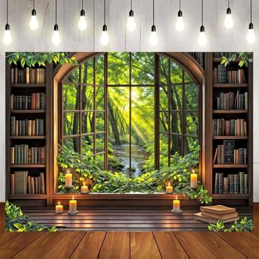 Imagem de 3 x 2,4 m, floresta, pano de fundo, biblioteca, retrô, vintage, madeira, escritório, escritório, zoom, reunião, vídeo, decoração, arte medieval, livro, gravação de fotos, adereços