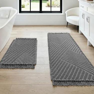 Imagem de H.VERSAILTEX Tapete de banheiro waffle super absorvente boho tapete de banho antiderrapante para banheiro lavável na máquina tapetes de banheiro secagem rápida com borlas (114 x 43 mais 43 x 61 cm