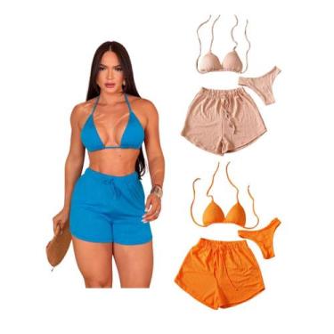 Imagem de Kit 3 Biquíni Com Short Malha Canelada Brilhante Premium - Praia - mod