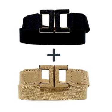 Imagem de Cinto elástico largo feminino couro plus preto + nude kit 2-Feminino