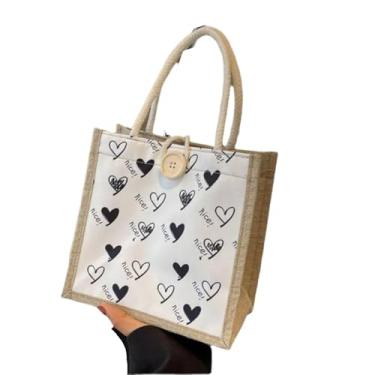 Imagem de Bolsa de mão Love Heart com zíper portátil com botões e flores de linho para mamãe bolsa organizadora de linho feminina (estilo G)