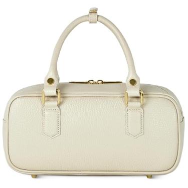 Imagem de Bolsa tiracolo feminina com alça superior de couro real italiano com formato retangular | Bolsa compacta estruturada para o dia a dia, Bege, Small