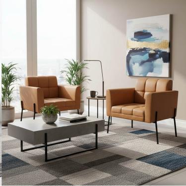 Imagem de Poltrona Sala Decorativa Kit 2 Elisa Pé Aço Lateral Preto Sintético PU Whisky D03 - D'Rossi