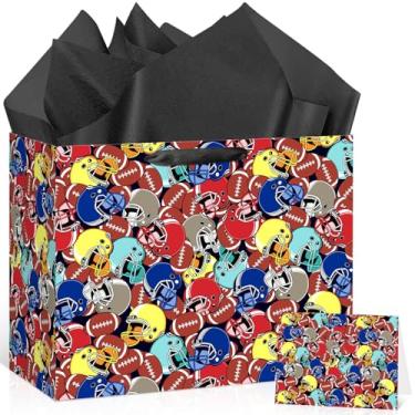 Imagem de Wauprant Bolsa de presente de futebol americano com cartão e papel de embrulho, luvas de capacete de rúgbi, bolsa de presente estampada