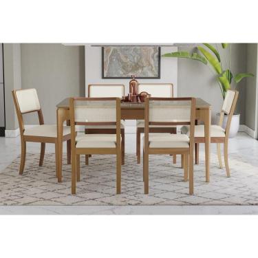 Imagem de Mesa Cozinha Mira Premium Madeira Maciça c/ Tampo Madeirado c/ Vidro 160x90cm e 6 Cadeiras Lola Carvalho/Freijo Bronze - Linho Bege Argila-Kappesberg