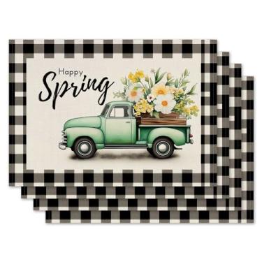Imagem de Jauageon Jogo americano Happy Spring, conjunto de 4 jogos americanos de caminhão, primavera, verão, sazonais, xadrez, búfalo, xadrez, para ambientes internos e externos, casa, cozinha, decoração de
