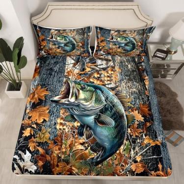 Imagem de Feelyou Jogo de lençol casal camuflado para caça de peixes, vida marinha, mar, camuflagem, peixe, verde, laranja, bolso profundo (sem lençol superior), 3 peças com 2 fronhas