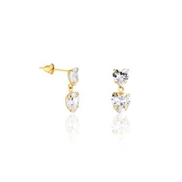 Imagem de Brinco Feminino de Ouro 18k Com 2 Zircônias Corações - AGAPRIME JOIAS