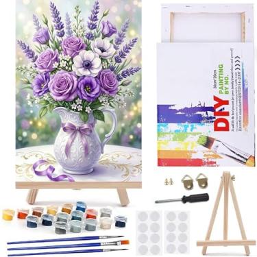 Imagem de MaiMMaledy Kit de pintura por números 20 x 30 cm L para adultos iniciantes imagens em tela com pintura de desenho emoldurado, pigmento acrílico com cavalete triangular de madeira, buquê roxo