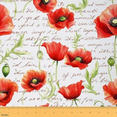 Imagem de Tecido de papoula vermelha aquarela por The Yard Tie Dye flores silvestres tecido folhas botânicas para meninas mulheres ao ar livre floral retrô estilo rústico tecido para decoração de quarto e
