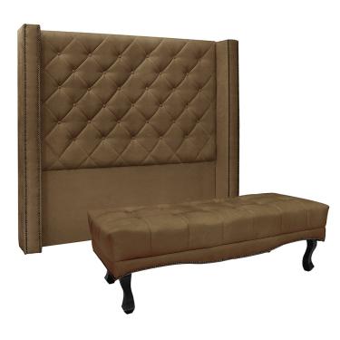 Imagem de Cabeceira Cama Box King 195cm e Recamier Vicenza Suede Caramelo S04 - D'Rossi