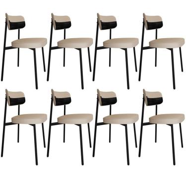 Imagem de Kit 08 Cadeiras Estofada Para Sala De Jantar Astrid Preto C01 Linho Areia Courino Preto - Lyam Decor