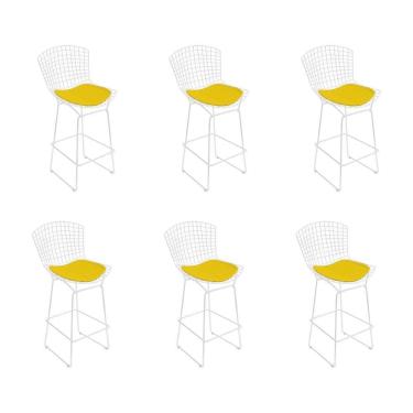 Imagem de Kit 6 Banquetas Bistrô Bertoia Branca D60 Com Assento Amarelo