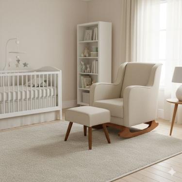 Imagem de Poltrona Amamentação Com Balanço Naná E Puff Linho Bege - Pallazio